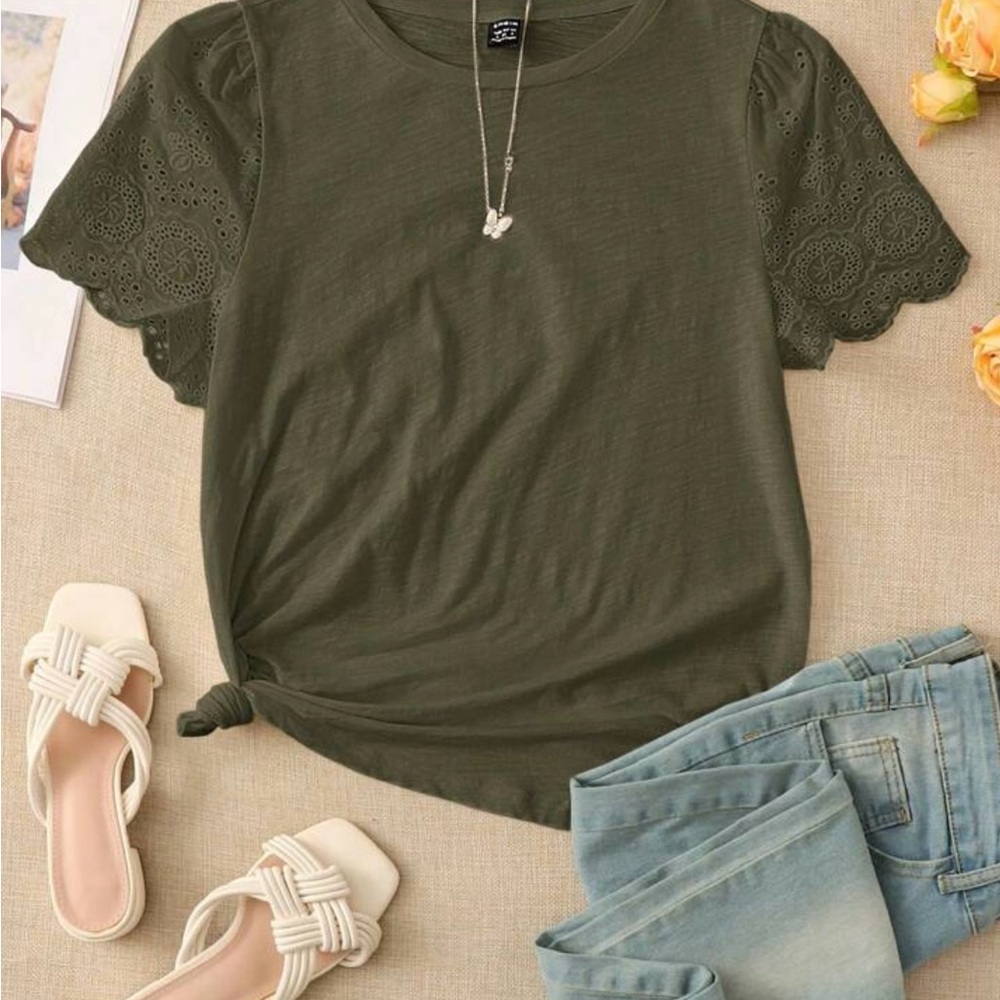 132. Shein Eyelet Embroidered puff sleeve Tshirt